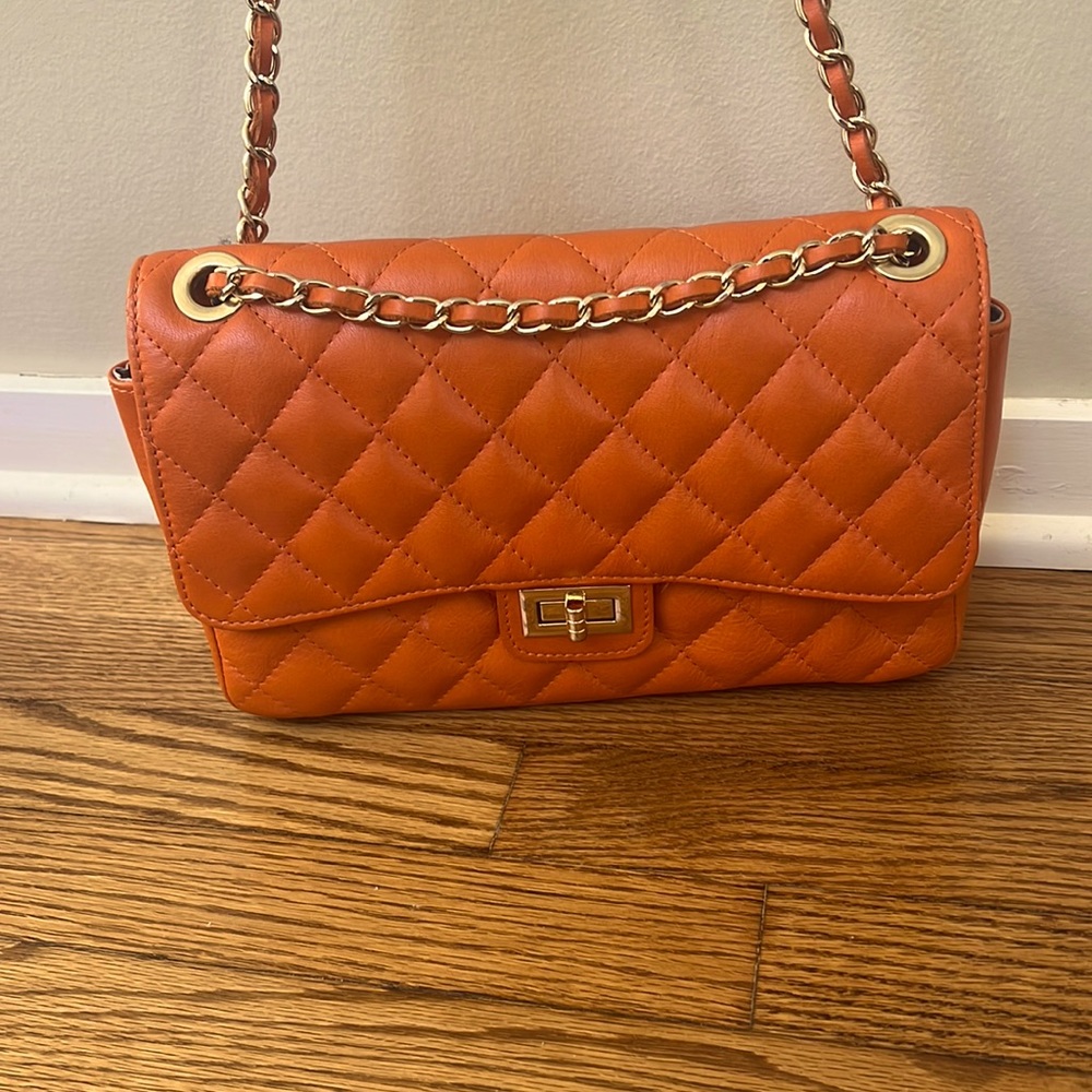 Genuine Leather Orange Handbag Made In Italy